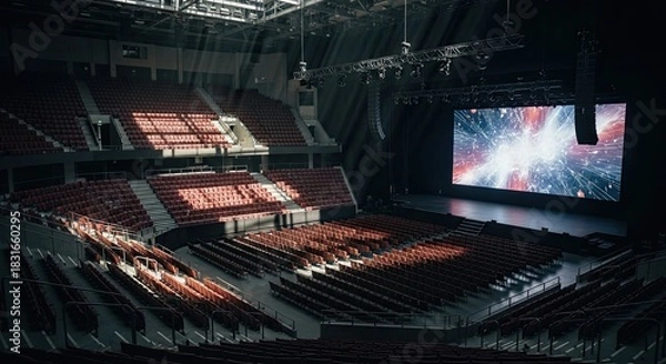 Fototapeta Futuristic Auditorium with Stage and Screen Displaying Abstract Imagery.