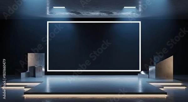 Fototapeta Futuristic Stage with Glowing Blank Screen for Presentation.