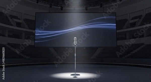 Fototapeta Microphone on Stage with Spotlight and Abstract Background.