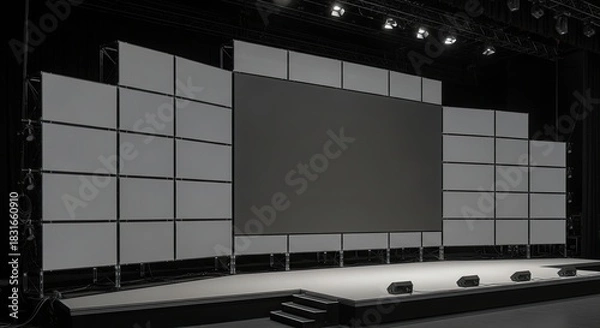 Fototapeta Modern Conference Stage Setup with Video Wall and Panels.