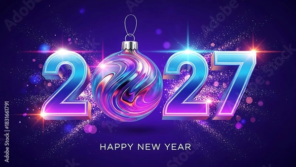Fototapeta Vibrant 3D render of the year 2027 with a colorful Christmas ornament centerpiece