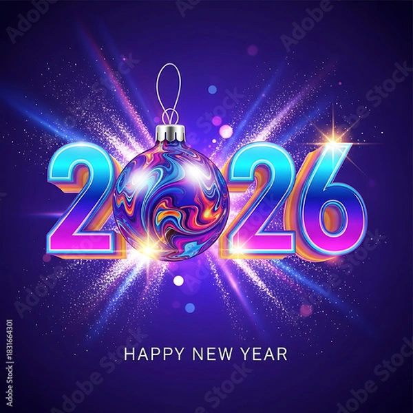 Fototapeta Vibrant Neon 2026 New Year Greeting with Swirling Abstract Christmas Ornament on Dark Background