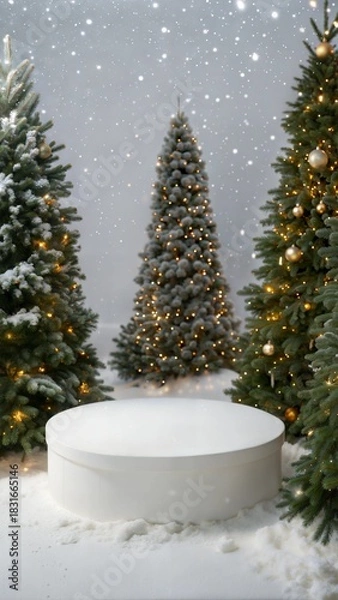 Fototapeta White podium with fir trees and falling snow. Display for winter holidays, New Year and Christmas product presentation