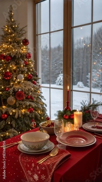 Fototapeta Christmas and New Year 2025, a beautiful setting of the New Year's table in red, against the background of a decorated Christmas tree and a window with a winter landscape