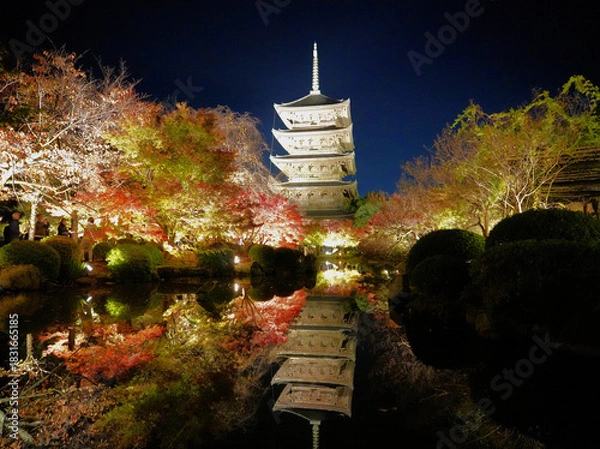 Fototapeta ライトアップで浮かび上がる京都・東寺の五重塔と紅葉した木々が水面にリフレクションした風景