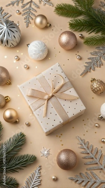 Fototapeta Commemorate New Year in elegance. Top-view perspective of carefully wrapped giftbox, chic tree ornaments, glittery balls, seasonal adornments on beige backdrop, awaiting your personal message or promo