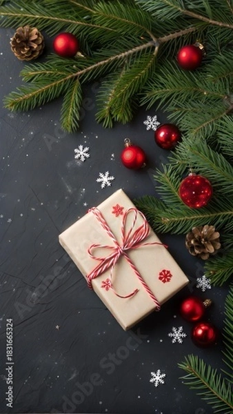 Fototapeta Christmas winter banner with gift, fir branches, red balls on black background. Xmas greeting card. Holiday time. Happy New Year. Space for text. View from above, flat lay.