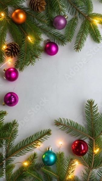 Fototapeta Christmas layout with christmas tree branches, christmas decorations in vibrant neon glow. copy space. top view. flat lay