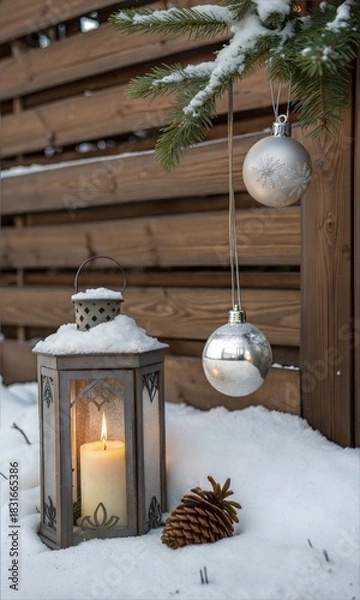 Fototapeta Christmas scene with lantern and hanging ornaments, wood background and snow, the burning candle and the brown planks create a cozy warm mood