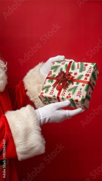 Obraz Image of hand of santa claus holding christmas gift with copy space on red background. Christmas, tradition and celebration concept.