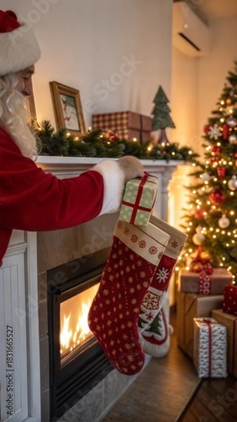 Obraz Santa Claus hand putting a present in a Christmas stocking hung on the fireplace on Christmas Eve