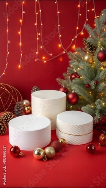 Fototapeta A set of three podiums in round and cylinder shaped arranged with some christmas ornaments on red surface. Merry Christmas and happy new year concept