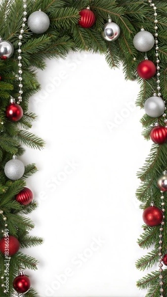 Fototapeta Wide arch shaped Christmas border isolated on white, composed of fresh fir branches and ornaments in red and silver