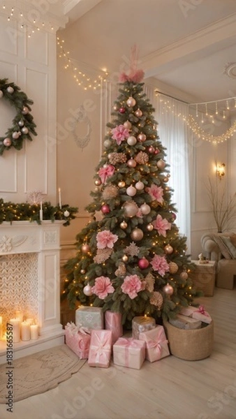 Obraz New year tree. Classic christmas New Year decorated room. Christmas tree with pink decorations. Christmas eve at home