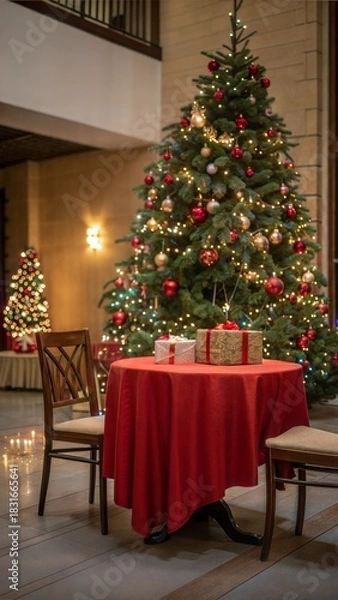Obraz Empty table in front of christmas tree with decoration background