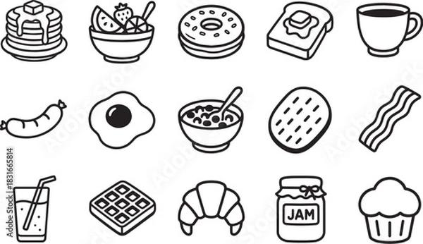 Fototapeta A delightful ensemble of meticulously rendered breakfast illustrations, inviting you to savour a diverse array of culinary delights, artfully designed with simple elegance.