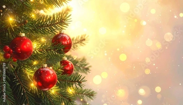 Fototapeta Luxurious Bokeh Christmas Background: Vibrant Red Baubles on Evergreen Fir Branches with Sparkling Light Effect, Elegant Winter Holiday Banner.