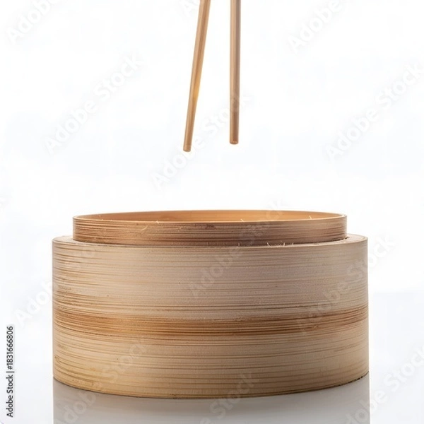 Obraz Chopsticks poised above a bamboo steamer basket, ready to pick up food in a clean, minimalist composition against a bright background.