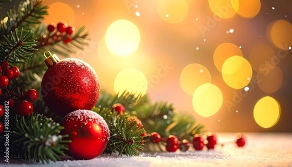 Fototapeta Magical Glowing Christmas Background: Pine Tree Branches with Bright Red Ornaments and Warm Golden Lights, Festive Holiday Season Card Template.