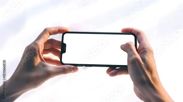Obraz A person's hands holding a smartphone with a blank white screen, ready to be used.
