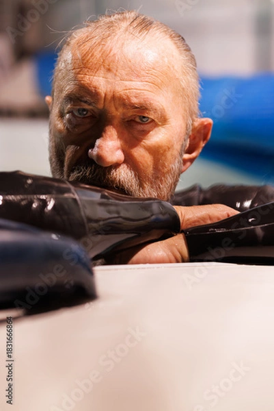 Fototapeta Portrait of senior free diver in wetsuit looking at camera at poolside 