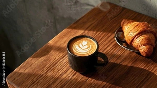 Obraz Latte art coffee in a black mug and a golden croissant on a rustic wooden table, bathed in warm morning light.
