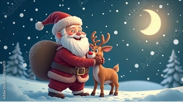 Obraz Santa Claus Hugging Rudolph the Red-Nosed Reindeer on a Magical Snowy Christmas Night