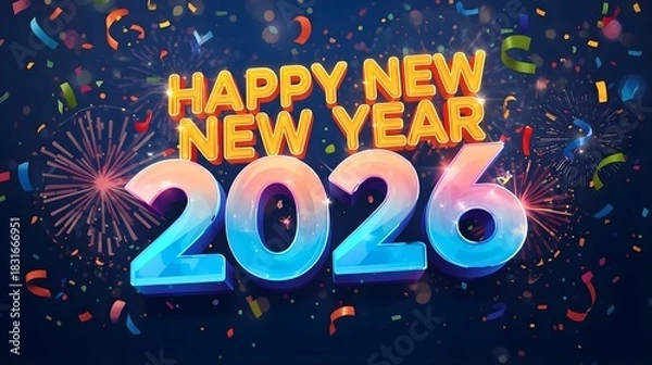 Obraz Happy New Year 2026 Celebration with Colorful Confetti, Fireworks, and Vibrant Typography on a Dark Background