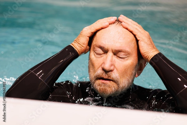 Fototapeta Senior diver in wetsuit swimming in pool 