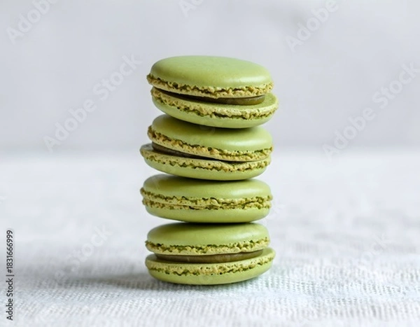 Obraz A stack of four green pistachio macarons, perfectly aligned and presented on a textured white surface.