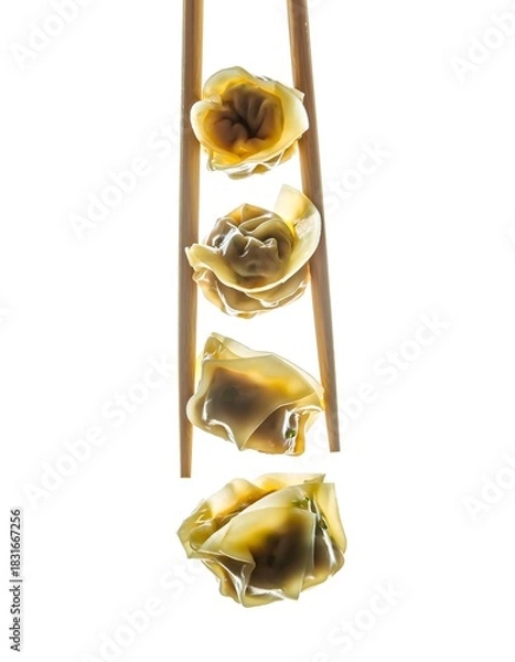 Obraz Four delicious dumplings are held vertically by wooden chopsticks against a bright white background.
