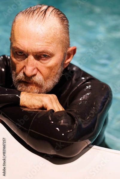 Fototapeta Portrait of senior diver in wetsuit looking at camera near poolside 