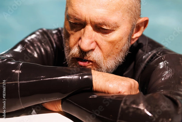 Fototapeta Portrait of diver in wetsuit breathing at poolside during training 