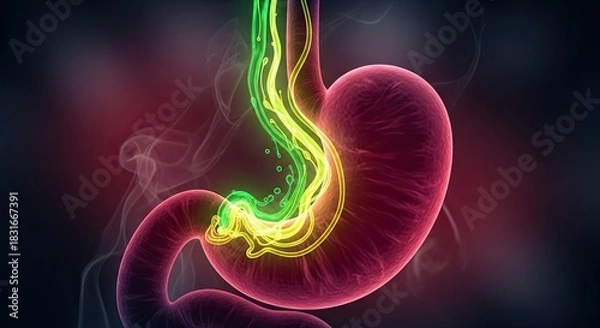 Obraz Human Stomach and Digestive System with Glowing Acid Reflux Illustration.