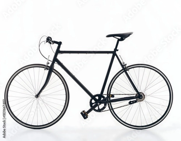Obraz A black single-speed bicycle with drop handlebars is displayed against a bright white background, showing its frame, wheels, seat, and pedals.