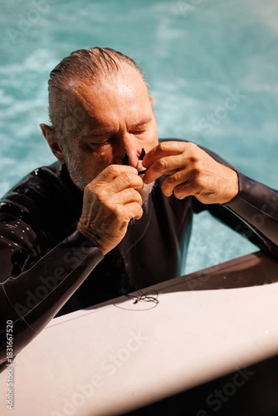 Fototapeta Senior free diver wearing nose clip at poolside during training 