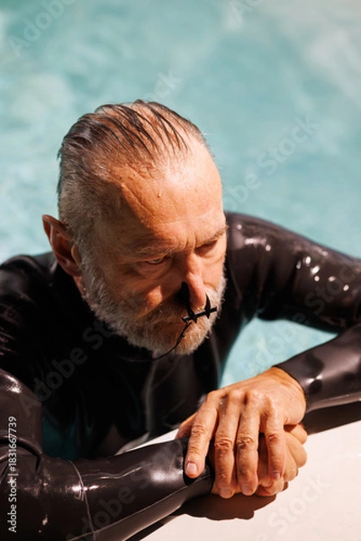 Fototapeta Senior swimmer in wetsuit and nose clip resting at poolside 