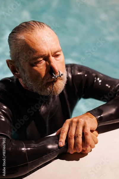 Fototapeta Grey haired free diver in wetsuit using nose clip at poolside 
