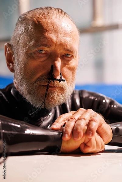 Fototapeta Portrait of senior diver in wetsuit and nose clip looking at camera on poolside 