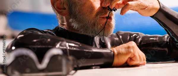 Fototapeta Banner of diver in wetsuit using nose clip near blurred goggles on poolside 