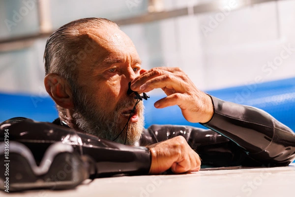 Fototapeta Portrait of senior free diver using nose clip near goggles on poolside 