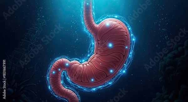 Obraz Anatomical illustration of the human stomach with glowing blue particles.