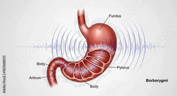 Obraz Borborygmi Stomach Anatomy with Sound Waves Medical Illustration.