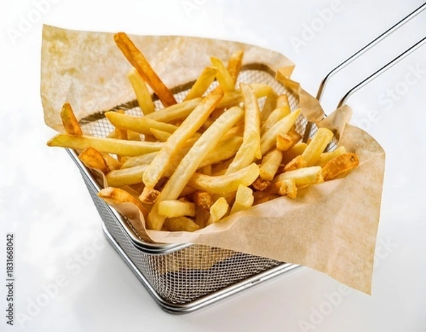Obraz Golden French fries overflowing a metal serving basket lined with brown paper, presented against a white background.