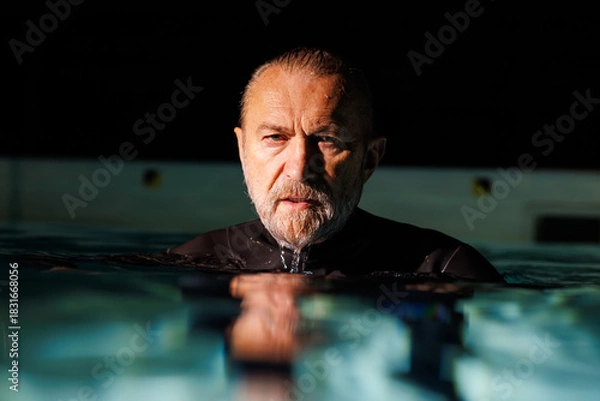 Fototapeta Portrait of senior free diver in wetsuit looking at camera in swimming pool 