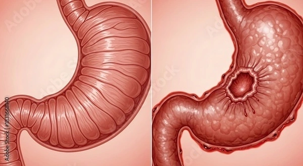 Obraz Comparison of a healthy stomach and a stomach with an ulcer.
