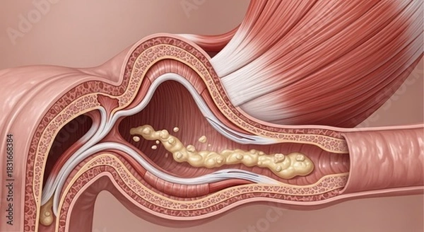 Obraz Detailed illustration of a hiatal hernia showing stomach contents protruding into the esophagus.