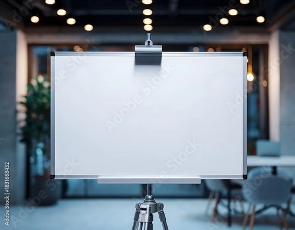 Obraz A blank whiteboard stands on a tripod in a modern office setting, ready for presentation or brainstorming.