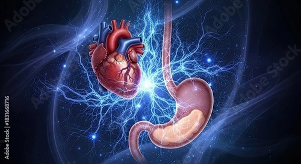 Obraz Human Heart and Stomach Organs with Electrical Energy Connections.