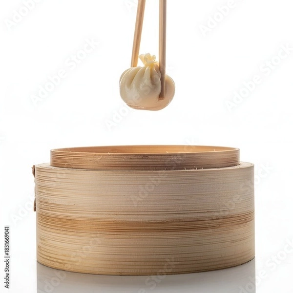 Obraz A single dumpling is held aloft by chopsticks, positioned above a bamboo steamer.